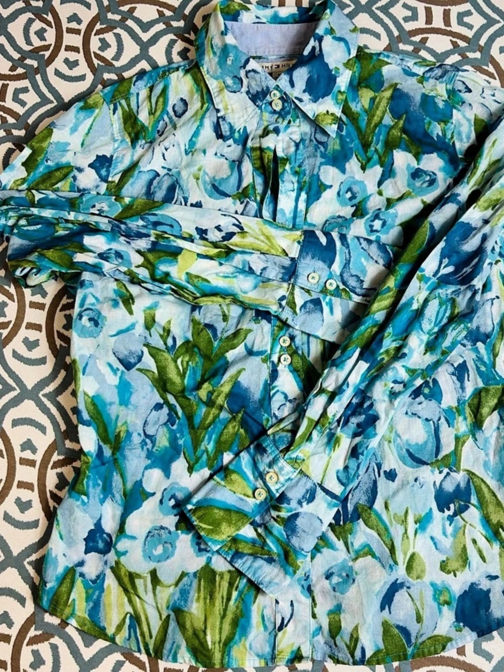 Tommy Hilfiger womens Floral Cotton Button Down Blue Size Medium